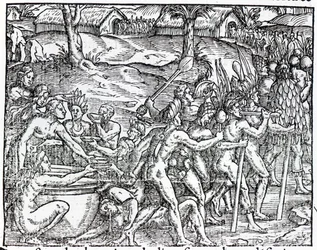 Procession de natifs buvant et fumant, gravée par Theodor de Bry
